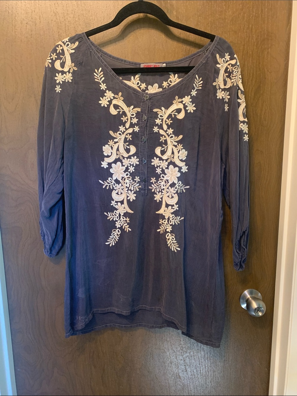 Johnny Was Moody Purple Tunic with Cream Floral Embroidery